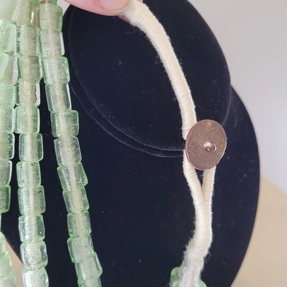 Artisan green glass bead multi strand necklace with cord and button